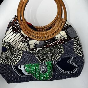 Patchwork Fabric Handbag with Round Wooden Handles